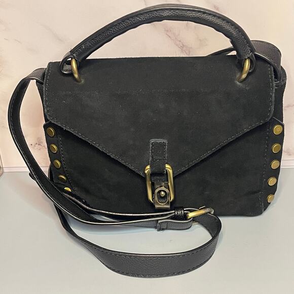 Lionel Black Suede & Leather Crossbody Bag / Top Handle Bag w/ Gold Brass Studs - Picture 1 of 14